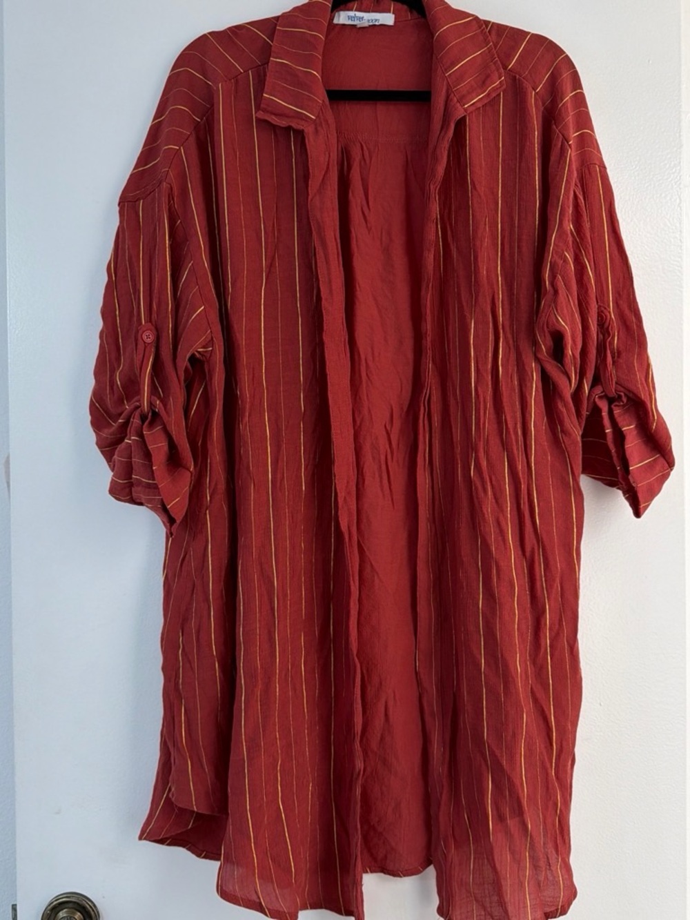 Velvet Rust Open-Front Lightweight Shirt Jacket with Gold Pinstripes